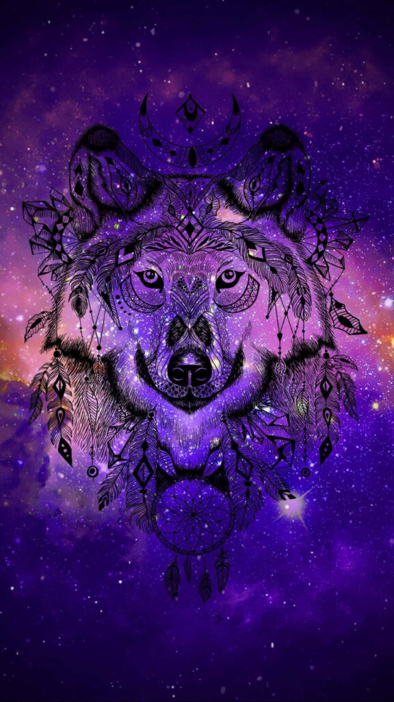 Cosmic Purple Wolf Wallpaper: Artistic Dreamcatcher Design