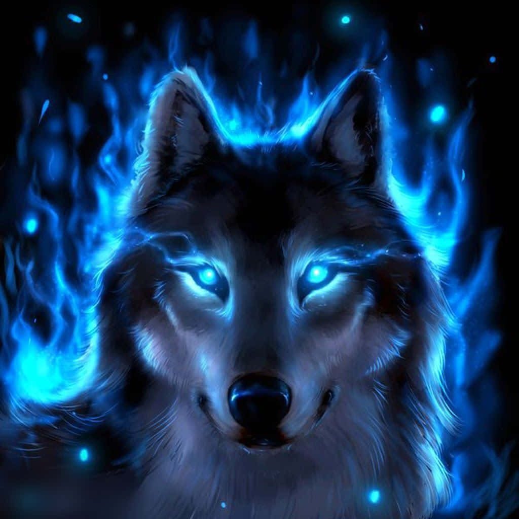 Digital illustration of a fierce wolf with electric blue eyes surrounded by vibrant blue flames on dark background Wallpaper