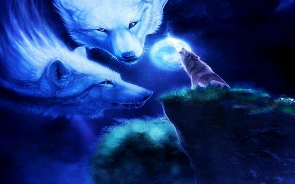 Mystical Wolf Wallpaper: Cosmic Scene with Howling Wolf & Spirits
