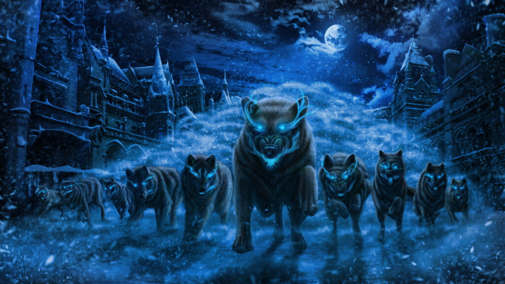 Mystical Wolves Under Full Moon in Enchanted Winter Landscape Wallpaper
