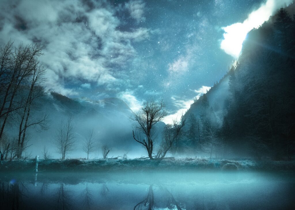 Mystical Yosemite Valley night with lone tree fog mountains lake reflection starry sky wallpaper