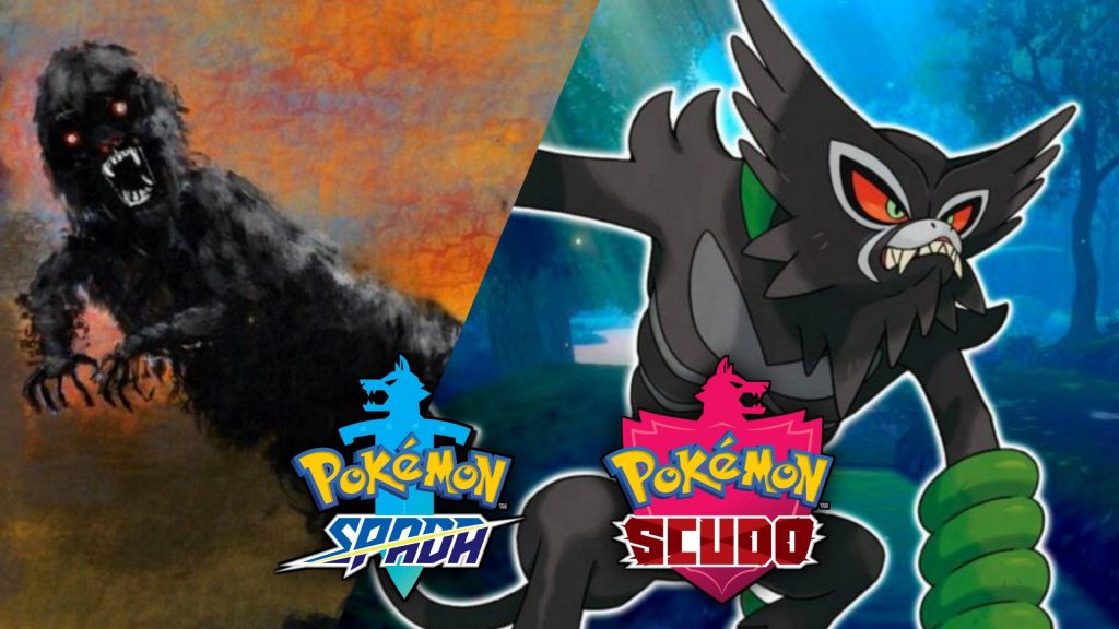 Zarude Pokémon split-screen wallpaper with glowing red eyes and vibrant anime art Spada Scudo logos