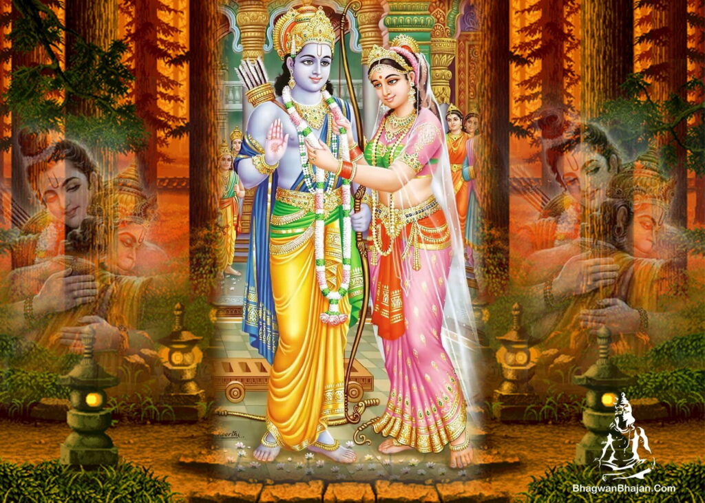 Divine Trio: Ram, Sita, and Hanuman Gracefully Adorn the HD Wallpaper