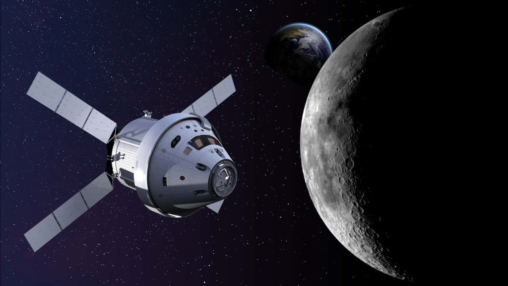 NASA Orion spacecraft near Moon with Earth distant in starry space cinematic wallpaper background