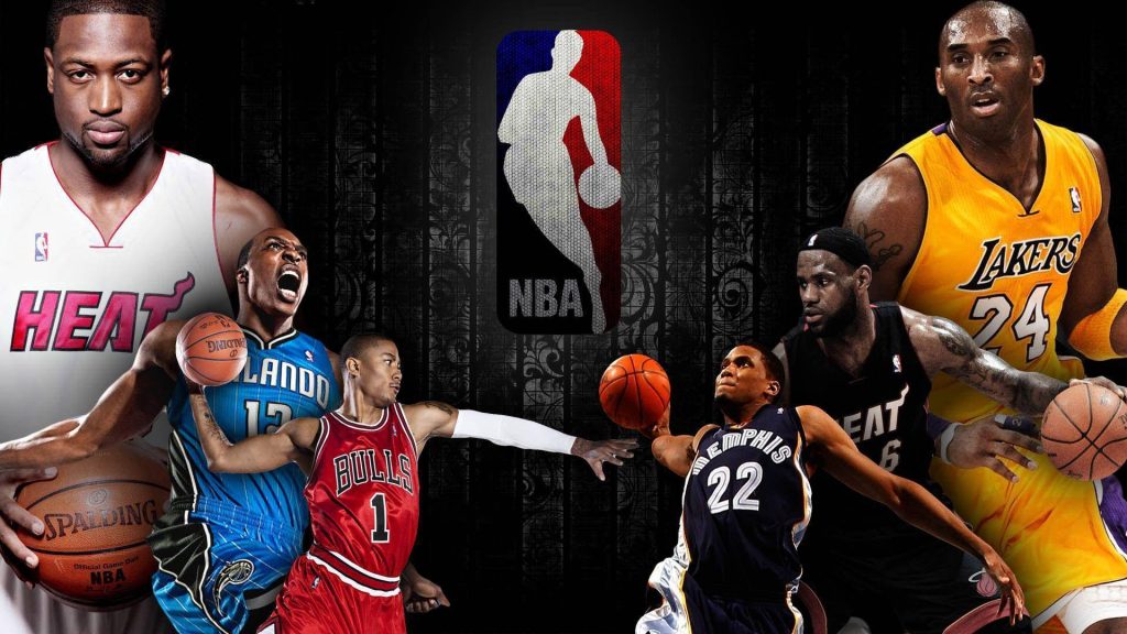 NBA All-Star poster with LeBron James Kobe Bryant Dwyane Wade Derrick Rose action collage wallpaper