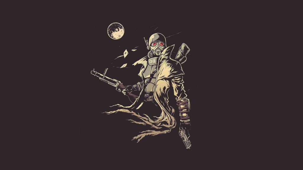 NCR Ranger with red-eyed helmet and rifles emerges from dark void with full moon and cards Wallpaper