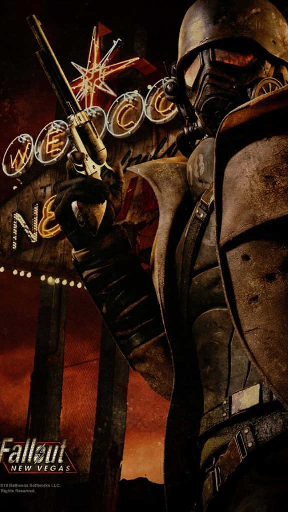 NCR Veteran Ranger in armor with revolver by neon Welcome to Fabulous New Vegas sign wallpaper
