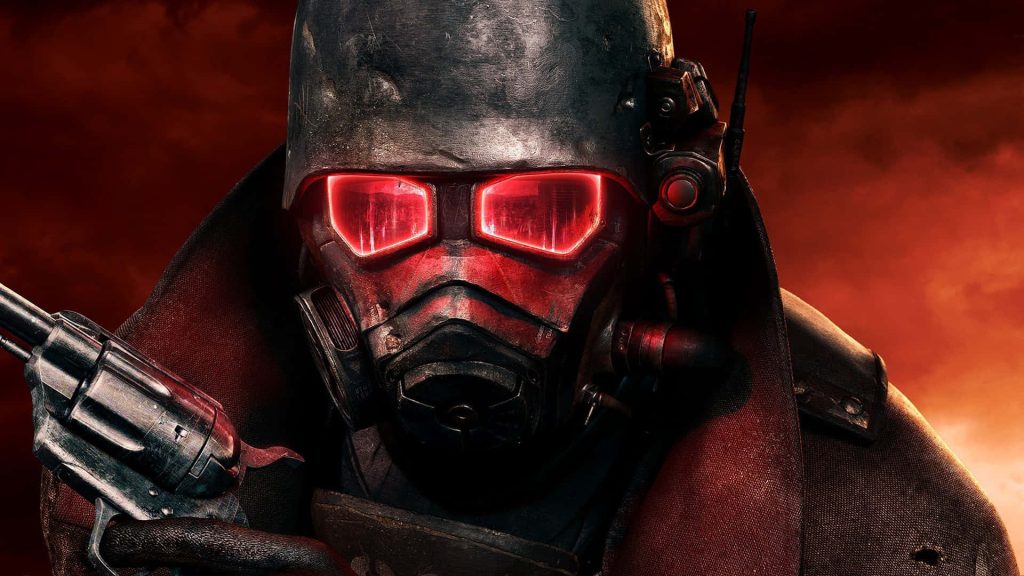 Fallout New Vegas NCR Veteran Ranger close-up with weathered revolver glowing red lenses wallpaper