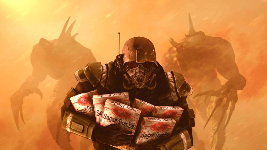 Fallout New Vegas NCR Veteran Ranger holding Sugar Bombs cereal with Deathclaw silhouettes Wallpaper