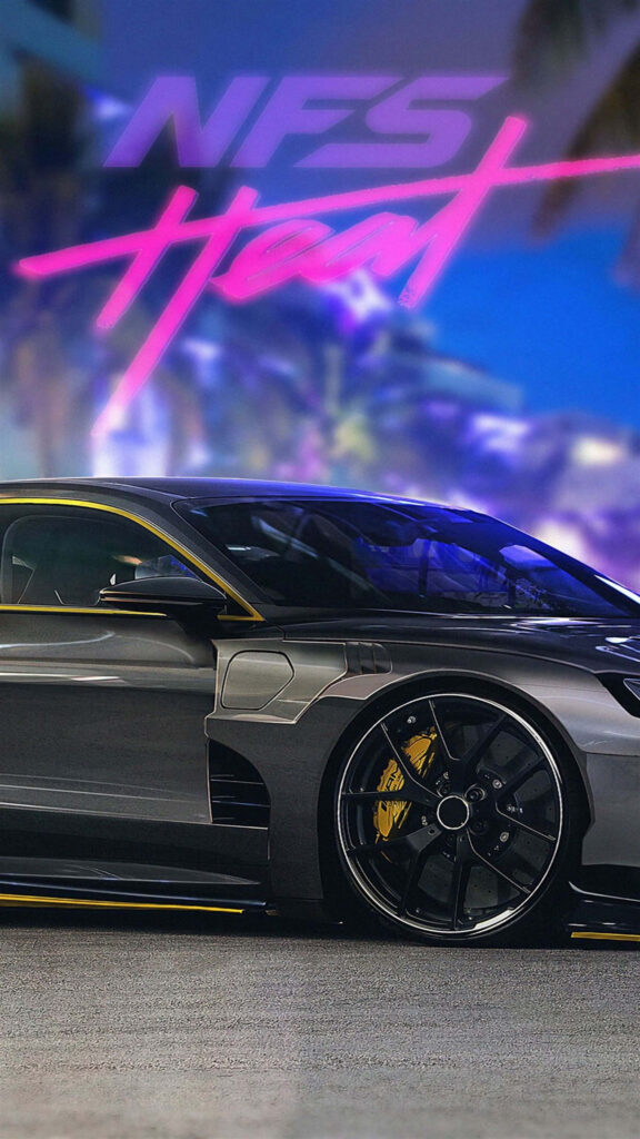 Sleek sports car racing on neon-lit scenic road vibrant NFS Heat high energy 4K wallpaper background