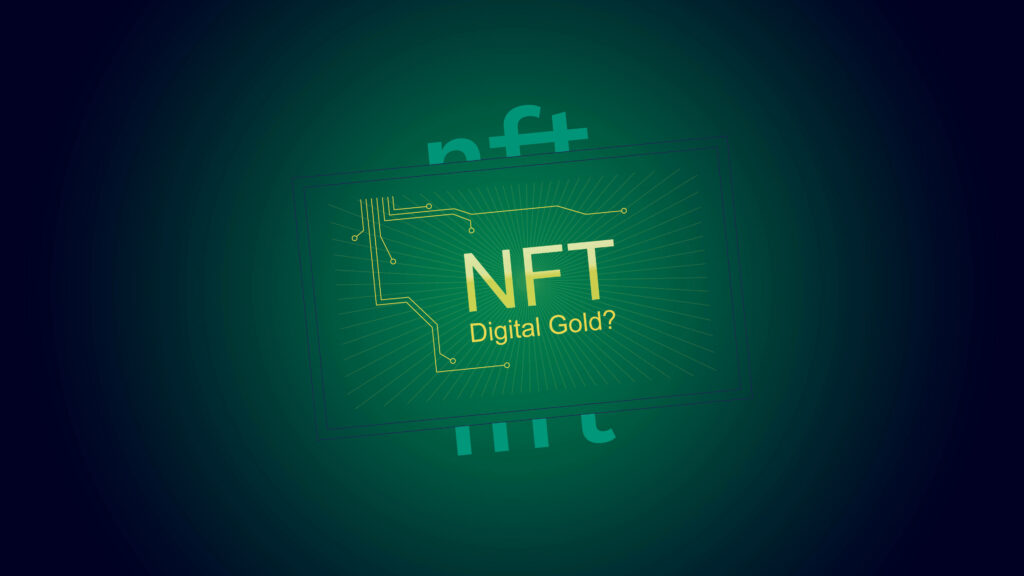 NFT Digital Gold wallpaper with bright gold text on green background digital assets design