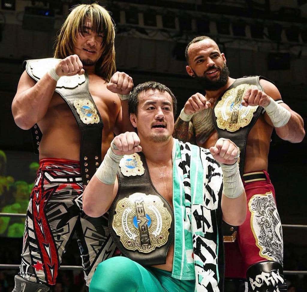 NJPW champions Hiroshi Tanahashi Ryusuke Taguchi Ricochet with NEVER Openweight 6-Man belts wallpaper