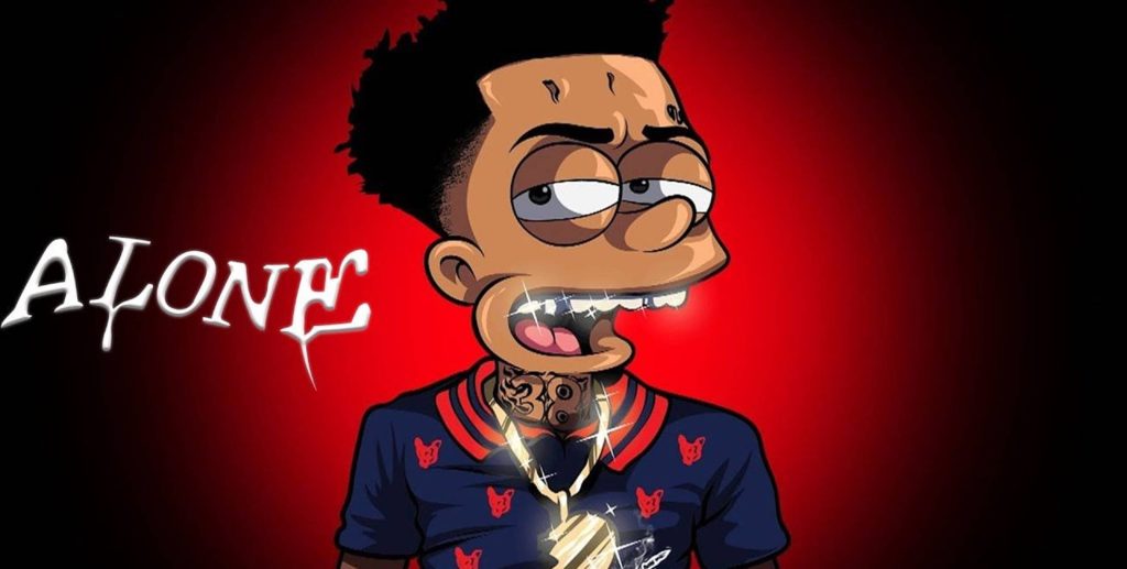Colorful cartoon wallpaper of rapper NLE Choppa with grillz tattoos gold jewelry on red background