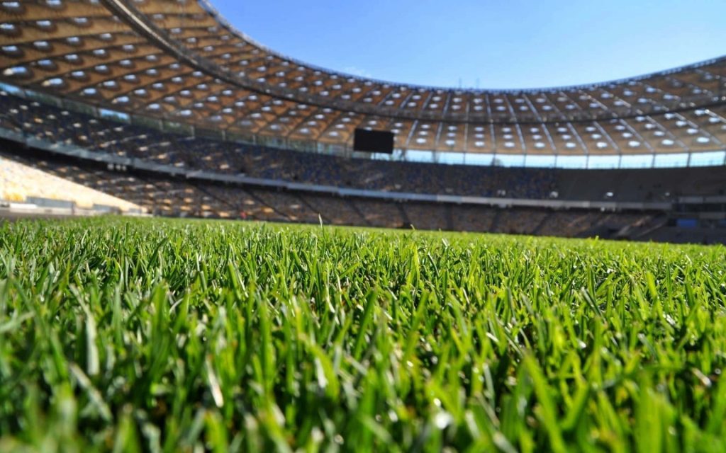 Low-angle view of green football field grass beneath NSC Olimpiyskiy iconic curved stadium roof wallpaper