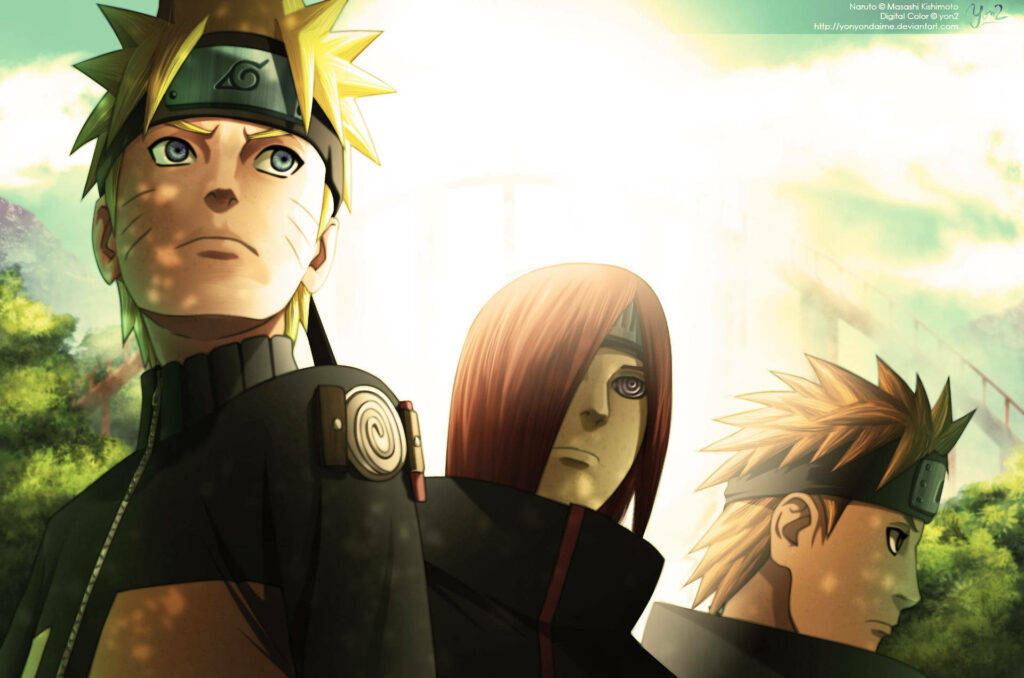The Fiery Trio of Naruto, Nagato, and Yahiko: A Captivating Portrait against a Lush Green Forest Wallpaper