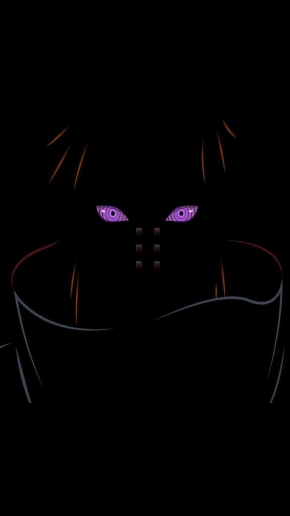 Pain's Supernatural Visage: Glimmering Rinnegan and Fiery Orange Outline Illuminate the Abyss Wallpaper