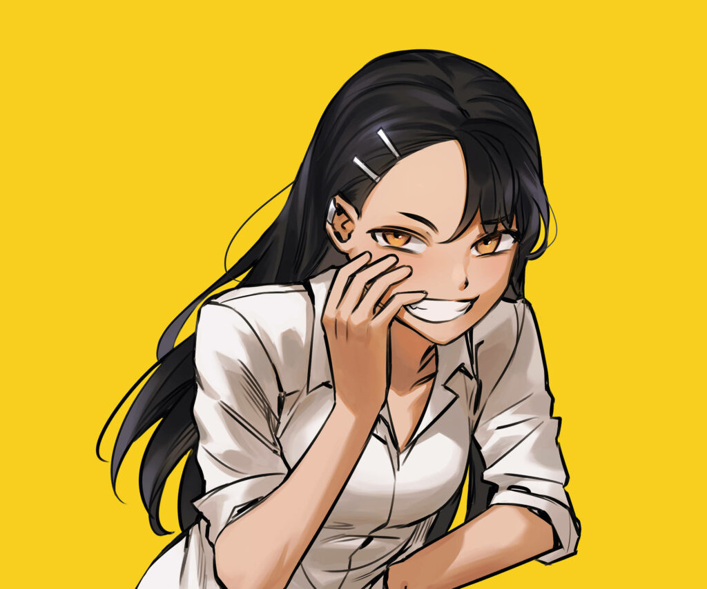 Cheeky and Charming: Nagatoro's Playful Persona Illuminated by Vibrant Yellow Backdrop Wallpaper