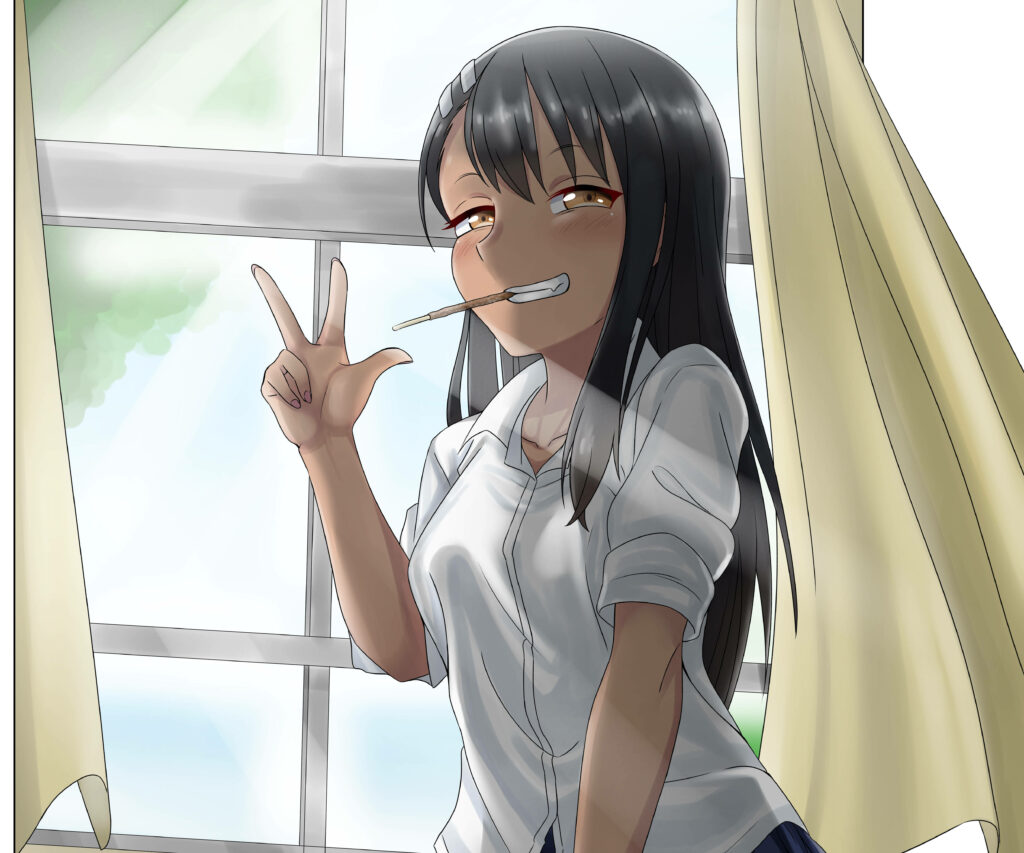 Playful Nagatoro Flashes a Mischievous Sign In front of Illuminated Window – Captivating Nagatoro Background Snapshot Wallpaper
