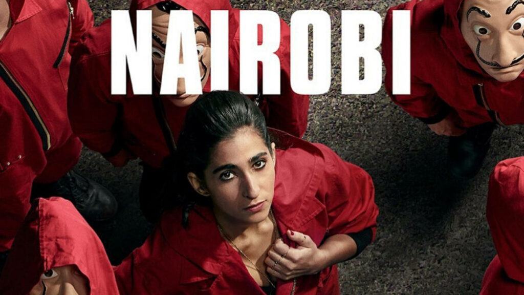 Iconic Nairobi gazing skyward in her signature red jumpsuit: A snapshot from the thrilling Money Heist series Wallpaper in 1080p Full HD 1920x1080 Resolution