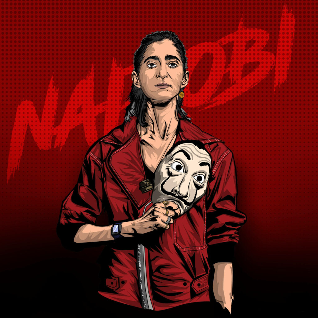 Fiery Nairobi: Iconic Money Heist Character Embraces her Signature Dali Mask & Red Leather Jacket in Mesmerizing Vector Art Wallpaper