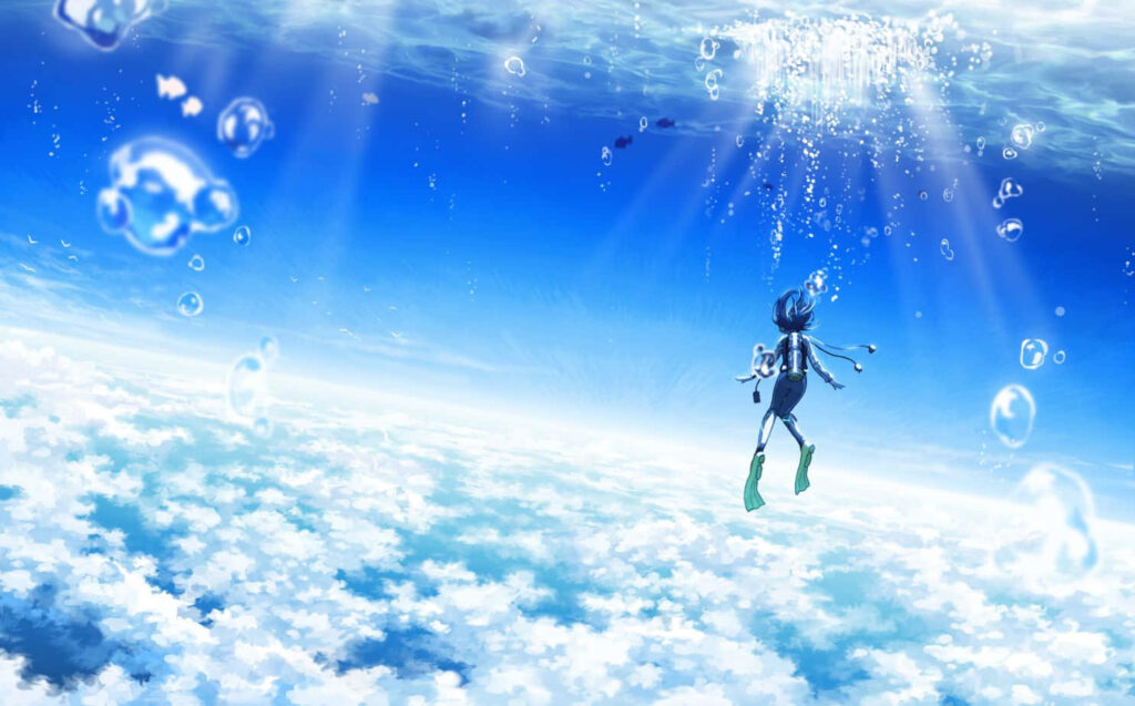 Sora to Umi no Aida's Enigmatic Namino Murakami Embracing the Serene Ocean: Ethereal Anime Wallpaper