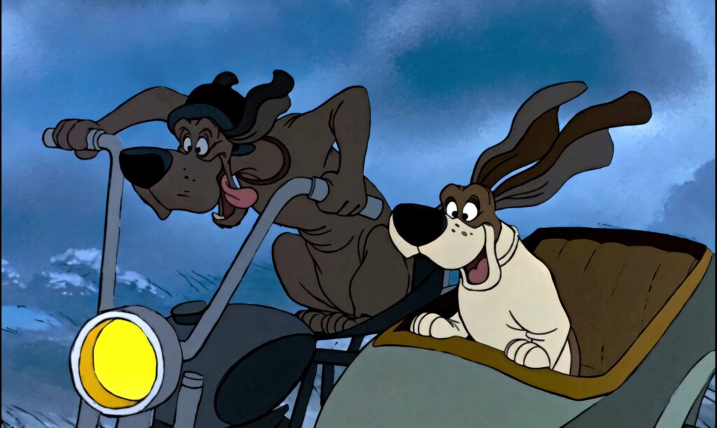 Napoleon and Lafayette from The Aristocats riding motorcycle with sidecar in countryside wallpaper