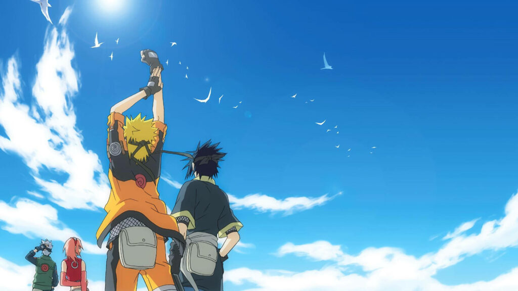 Backward Gazes: Naruto Characters Embrace the Aesthetic with a Blue Sky and Soaring Birds Wallpaper
