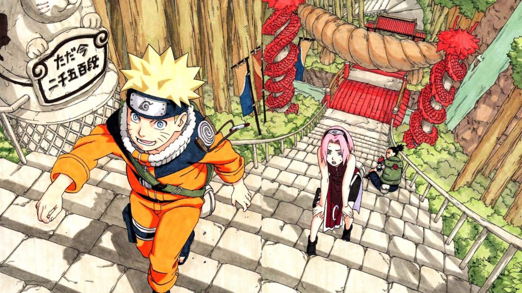 Naruto Sakura Shikamaru climbing stone steps near red bridge and shrine vibrant anime wallpaper