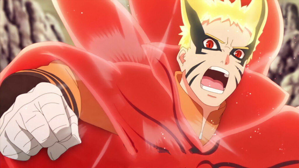 Naruto in Baryon Mode with red energy aura charging forward with powerful fist wallpaper