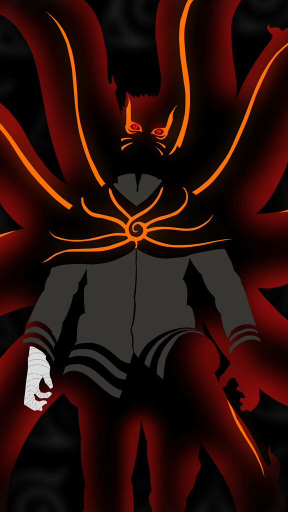 Naruto Baryon Mode silhouette with glowing red orange chakra tails and intense eyes dark wallpaper