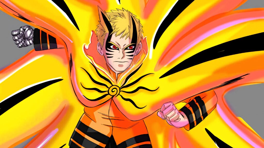 Naruto in Baryon Mode digital wallpaper with fiery orange and yellow chakra energy background