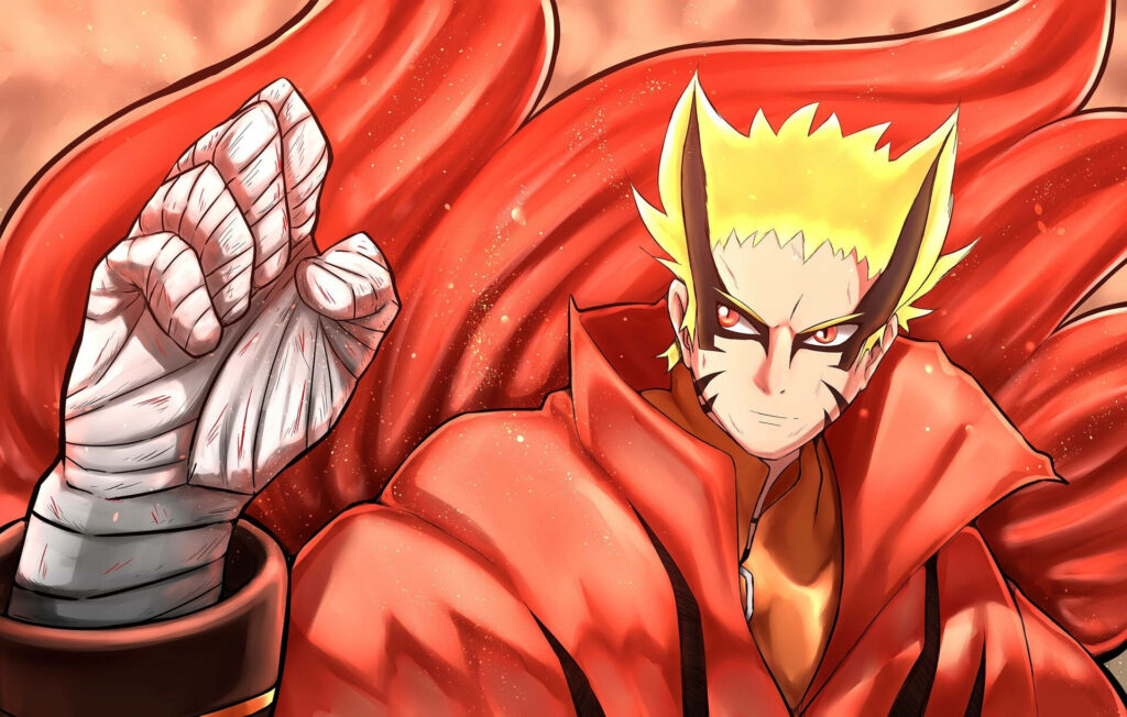 Naruto Uzumaki in fiery Baryon Mode with red energy and battle-ready intense expression wallpaper