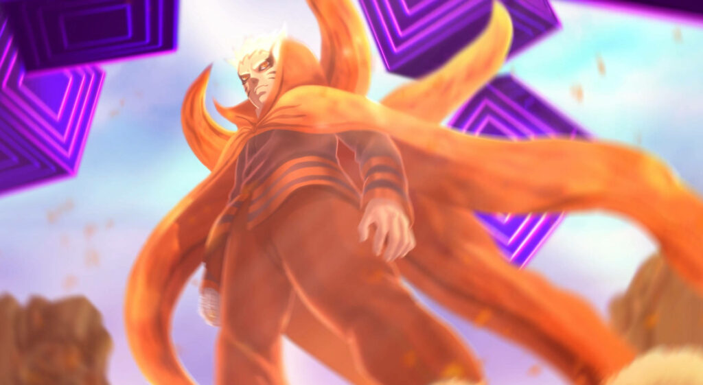 Naruto in Baryon Mode with swirling orange chakra and purple Isshiki boxes intense wallpaper background