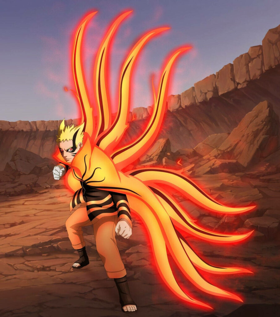 Naruto Baryon Mode with red chakra tails on rugged battlefield intense Nine Tails energy wallpaper