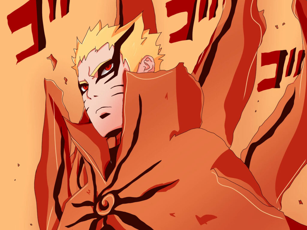 Serious-faced Naruto unleashes the power of Baryon Mode in striking orange attire Wallpaper