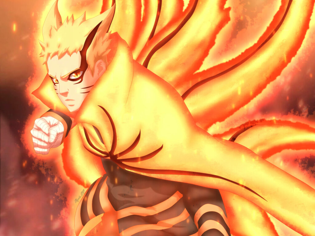 Naruto in Baryon Mode glowing with golden chakra and fiery energy ready for battle wallpaper
