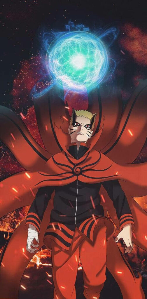 Naruto in Baryon Mode wields glowing Rasengan with red chakra tails and fiery energy backdrop Wallpaper