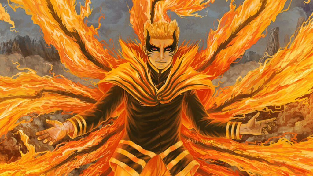 Naruto in fiery Baryon Mode with intense chakra and powerful determined battle stance wallpaper