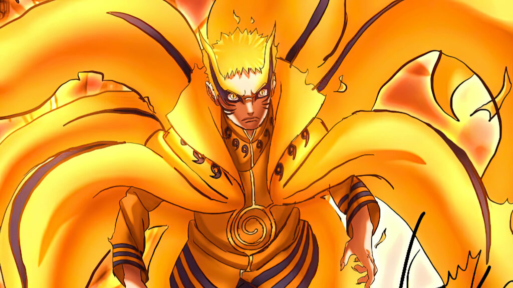 Naruto in intense Baryon Mode with fiery orange chakra and Kurama tails wallpaper background