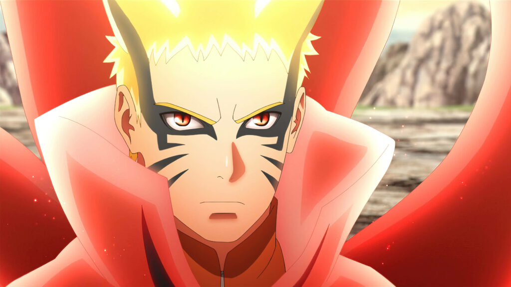 Naruto in glowing red Baryon Mode with intense eyes and face markings dynamic wallpaper background