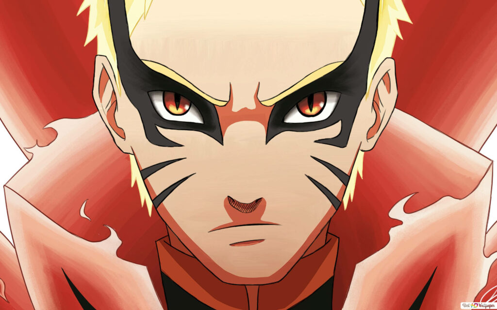 Naruto Baryon Mode close-up with intense red eyes fiery aura bold black markings wallpaper