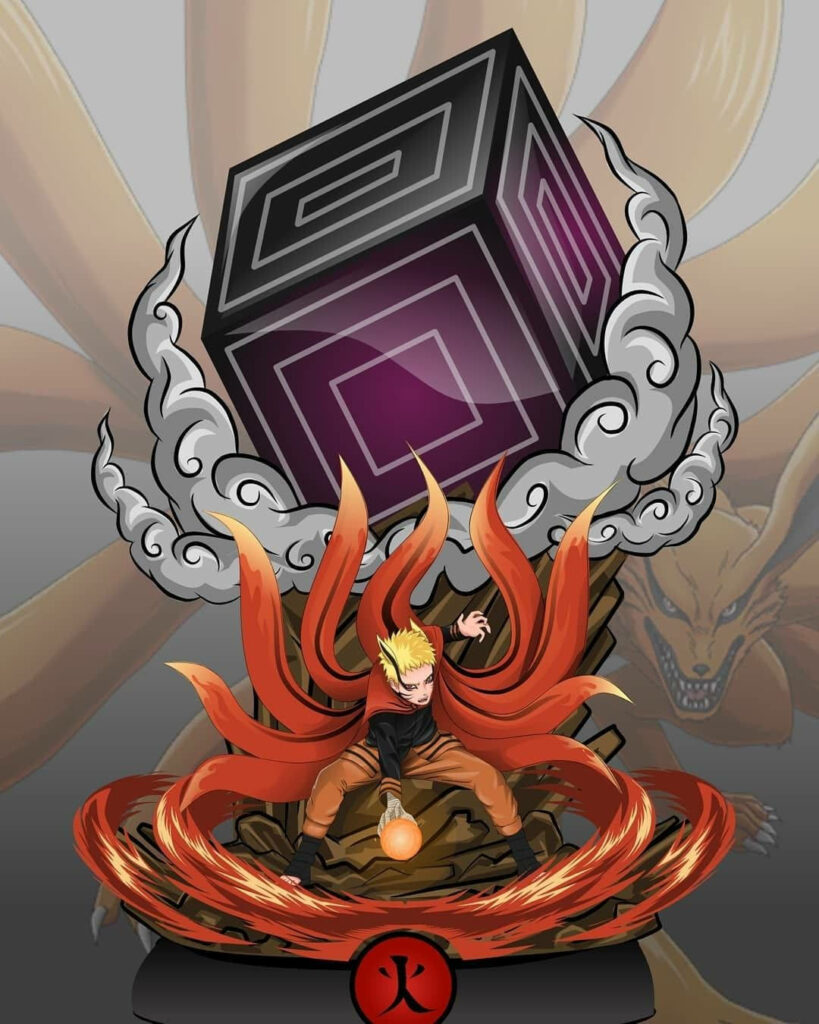 Naruto in Baryon Mode with swirling red chakra Kurama tails and floating Disruption Box energy Wallpaper