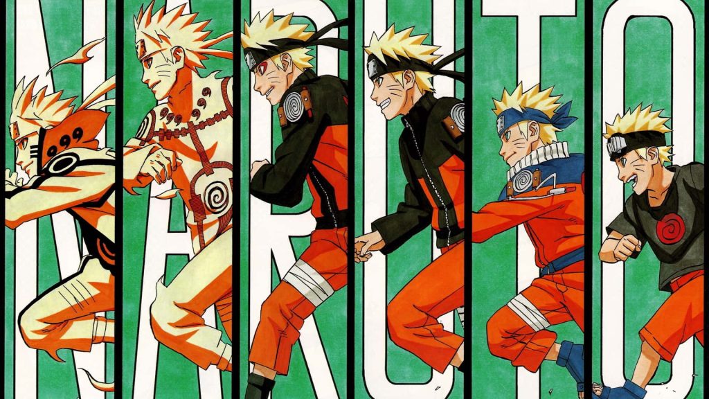 Naruto Uzumaki evolution anime wallpaper showing childhood to Sage and Six Paths modes on green background