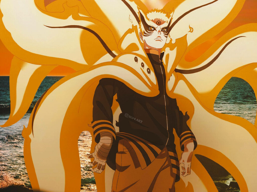 Naruto Final Form Nine-Tails transformation glowing golden tails dramatic sunset sea wallpaper
