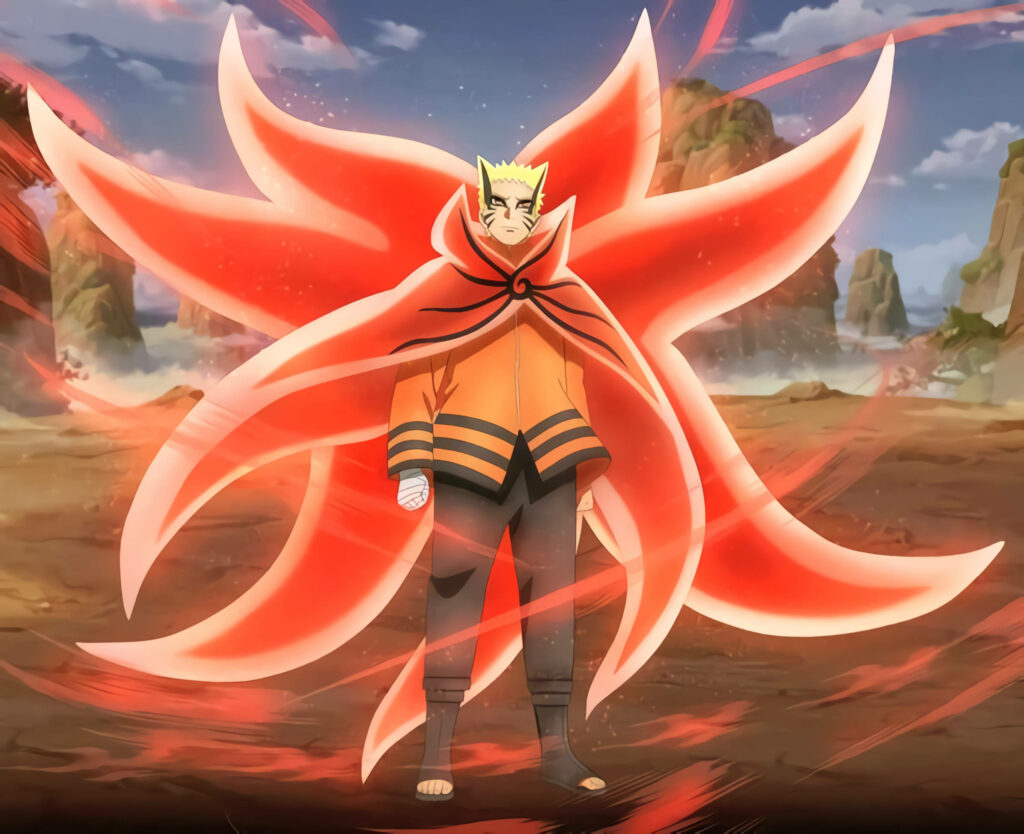 Naruto in final form with glowing red fox tails on dramatic battlefield wallpaper background
