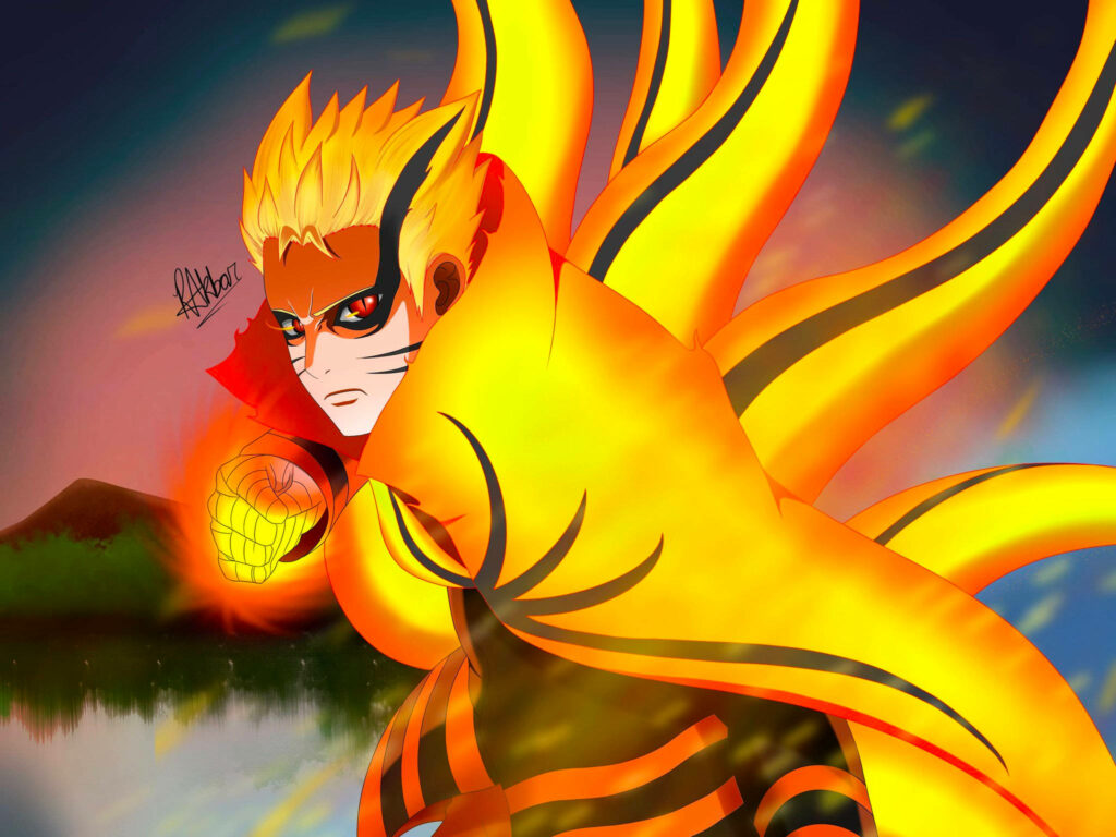 Naruto final form unleashing nine-tail punch with vibrant golden energy anime wallpaper