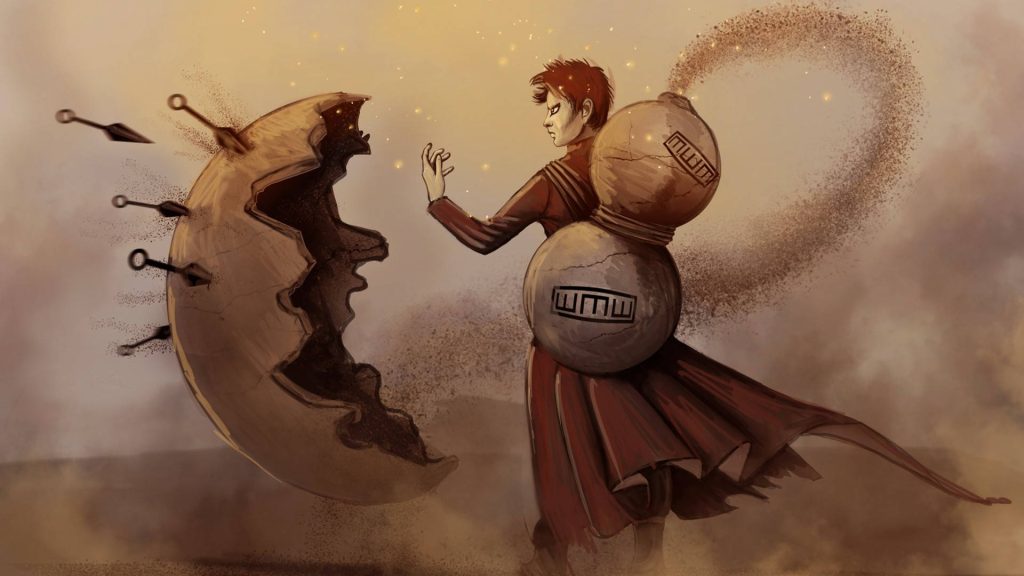Gaara from Naruto blocks kunai with sand shield in desert digital illustration wallpaper background