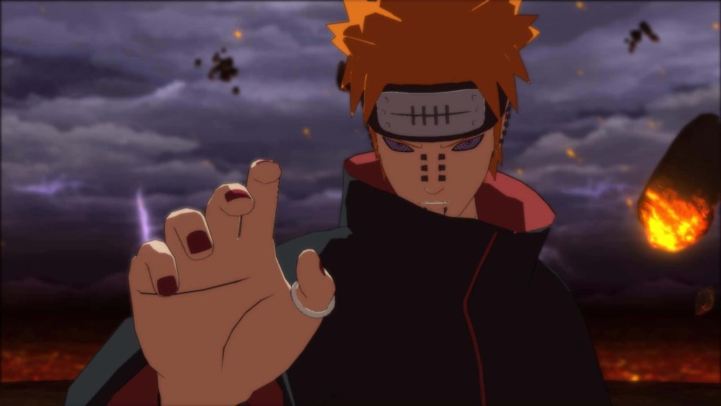 3D CGI Pain Naruto wallpaper with Rinnegan eyes black Akatsuki cloak orange hair battlefield