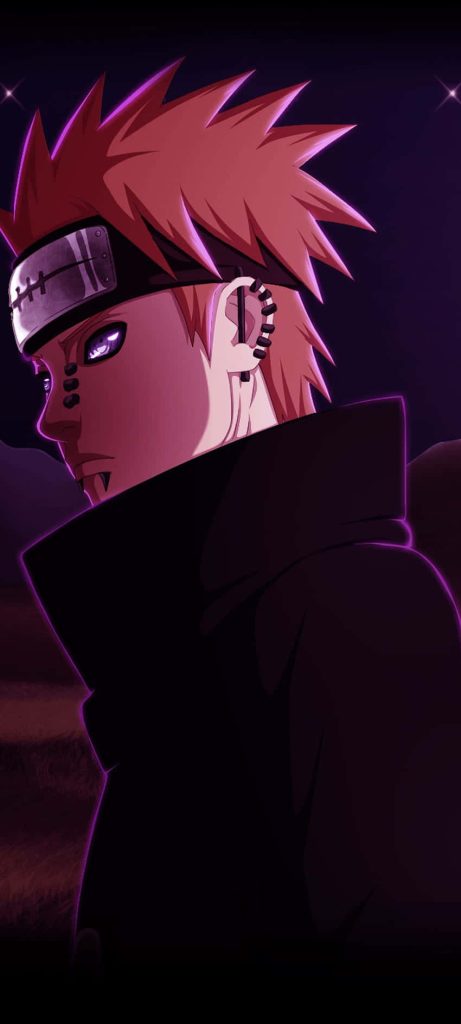 Naruto wallpaper featuring Pain Deva Path with Rinnegan eyes and Akatsuki cloak purple lighting