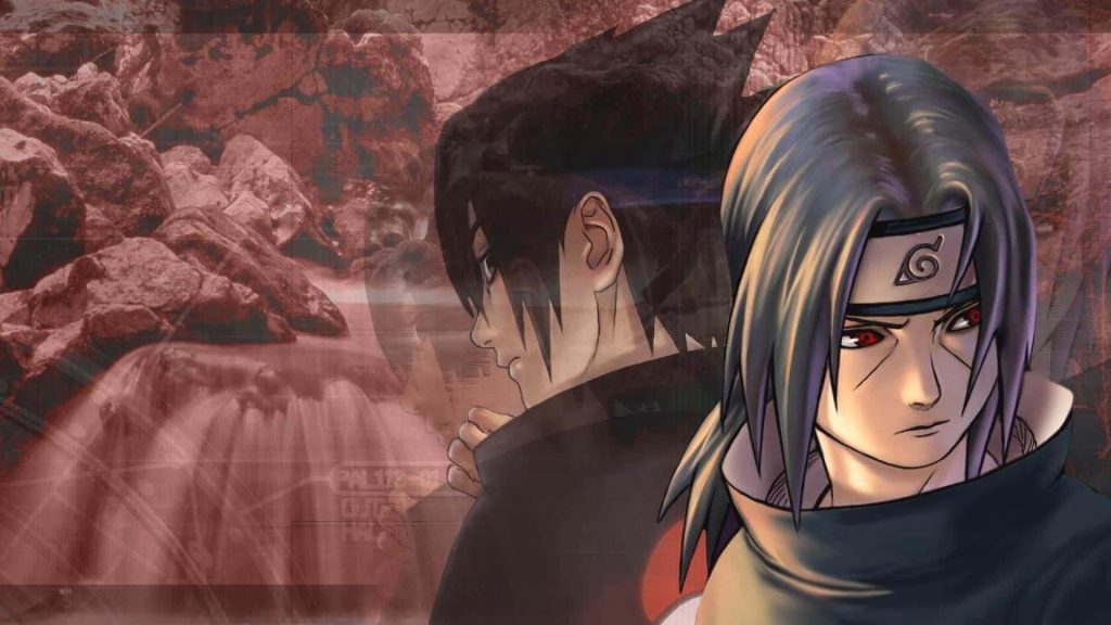 Naruto anime wallpaper of Uchiha brothers Sasuke and Itachi with waterfall and rocky background